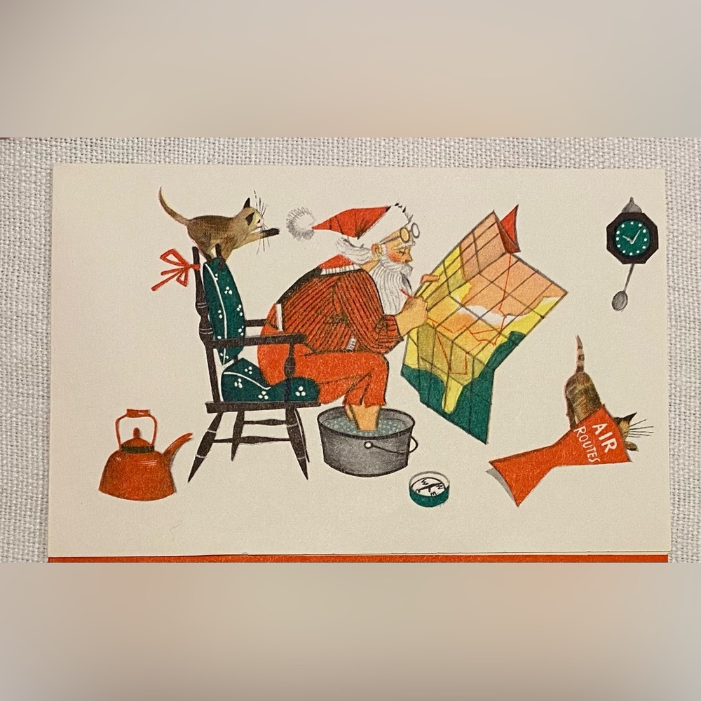 5 vintage Christmas cards -SANTA Looking at Map, Soaking Feet, &Kittens HALLMARK